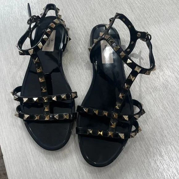 Valentino Garavani Black and Gold Studded Sandals - Picture 3 of 5